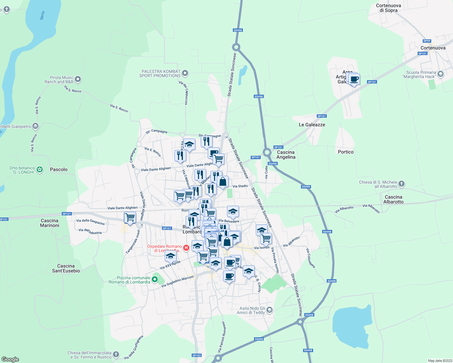 map of restaurants, bars, coffee shops, grocery stores, and more near 13 Via Silvio Pellico in Romano di Lombardia