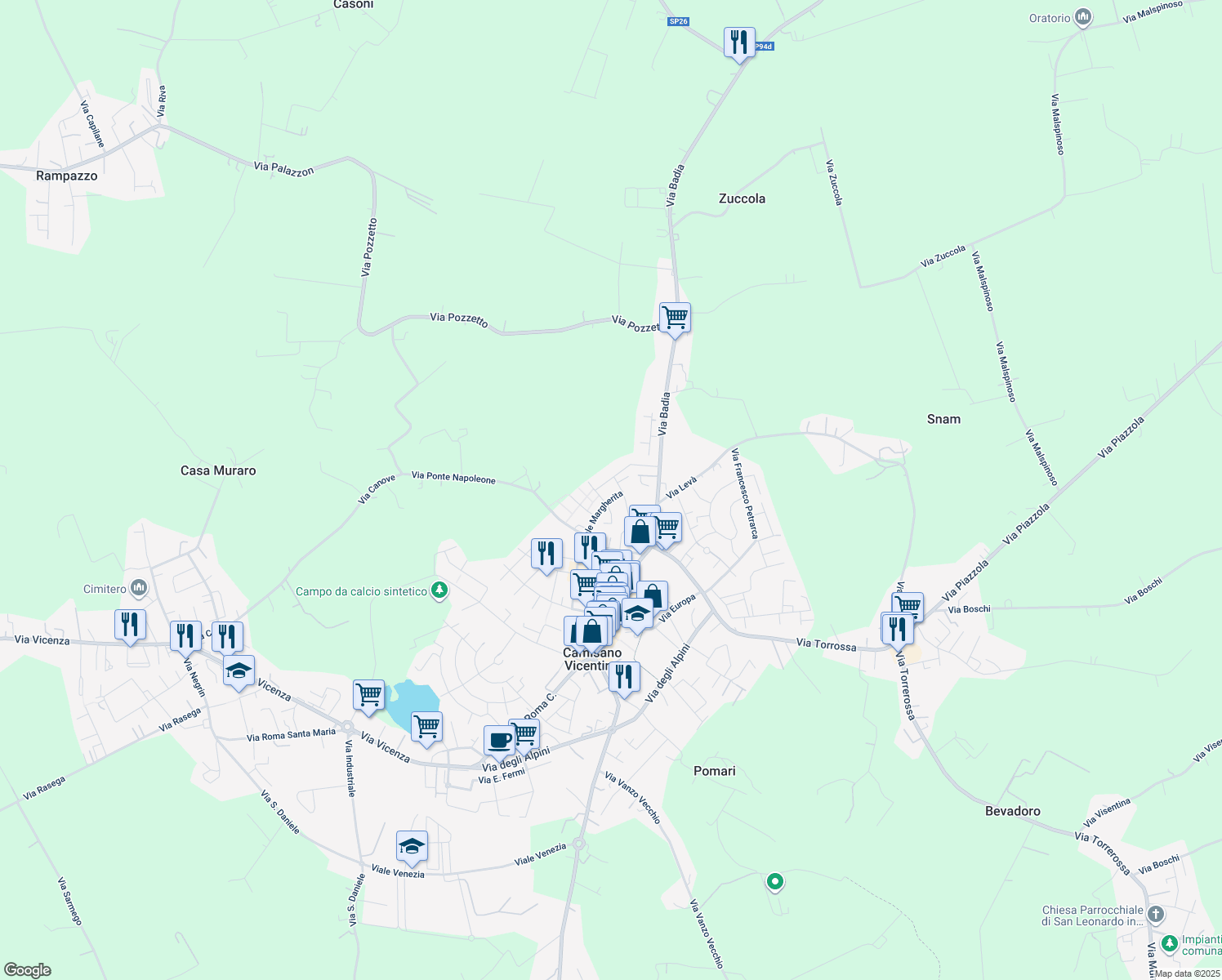 map of restaurants, bars, coffee shops, grocery stores, and more near 19 Viale Margherita in Camisano Vicentino