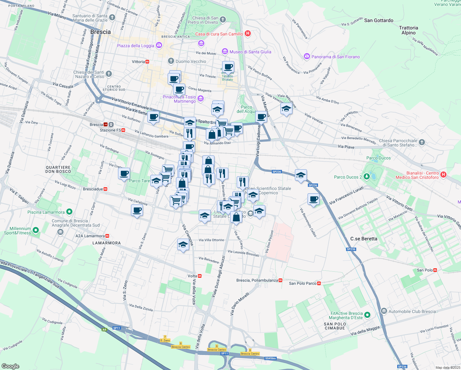 map of restaurants, bars, coffee shops, grocery stores, and more near 31 Via Giovanni Renica in Brescia