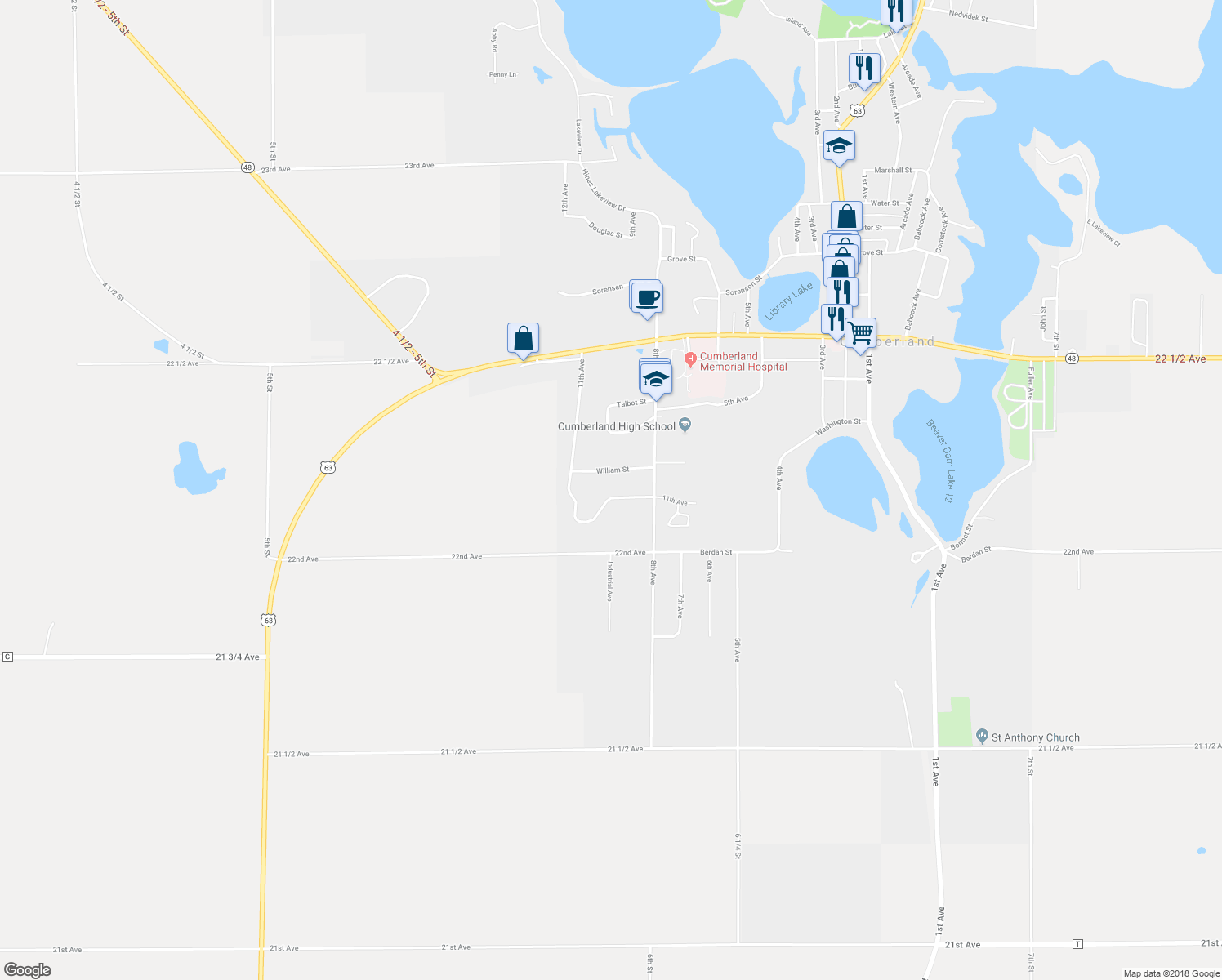 map of restaurants, bars, coffee shops, grocery stores, and more near 1540 Dani South Way in Cumberland