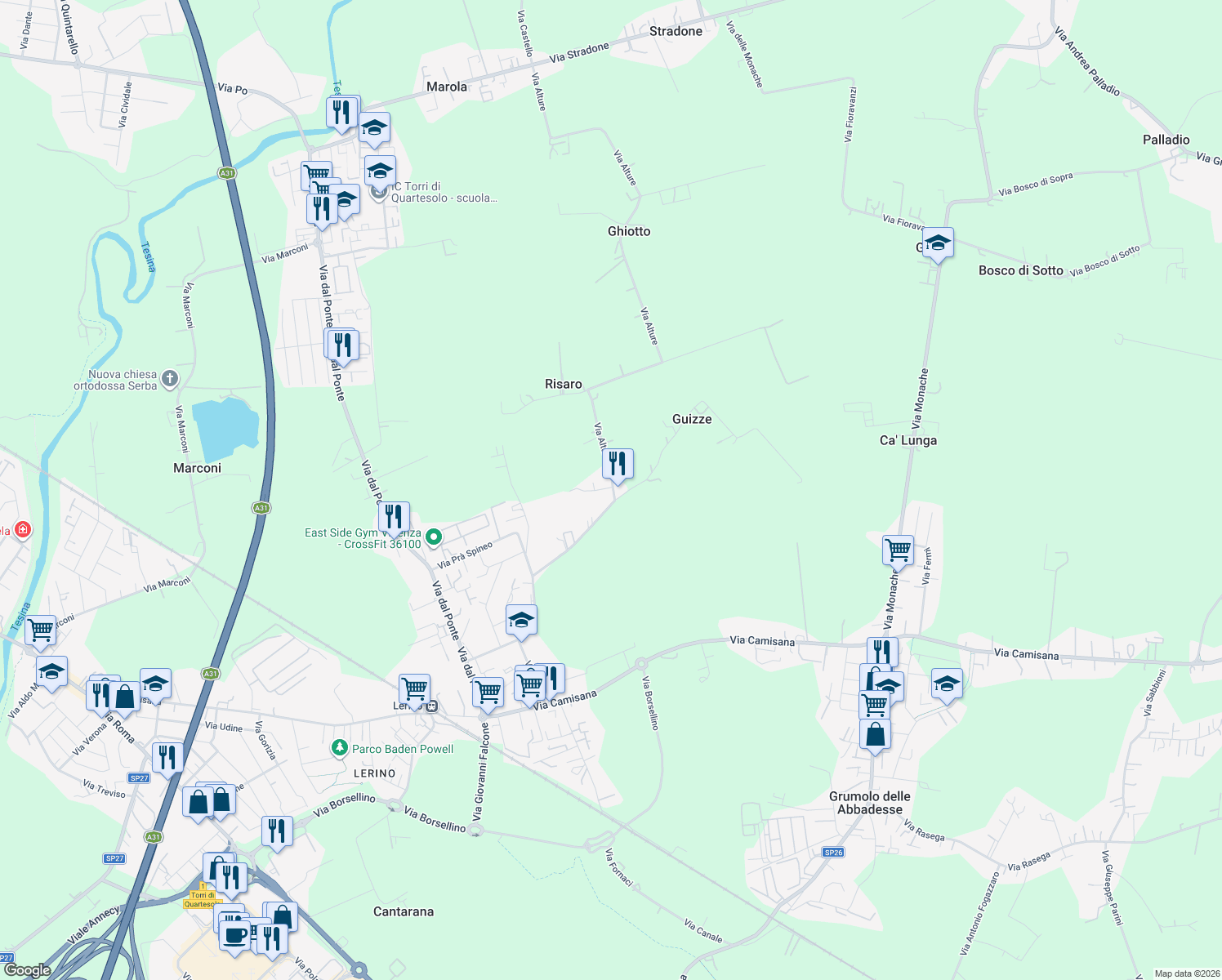 map of restaurants, bars, coffee shops, grocery stores, and more near 133 Via Alture in Torri di Quartesolo