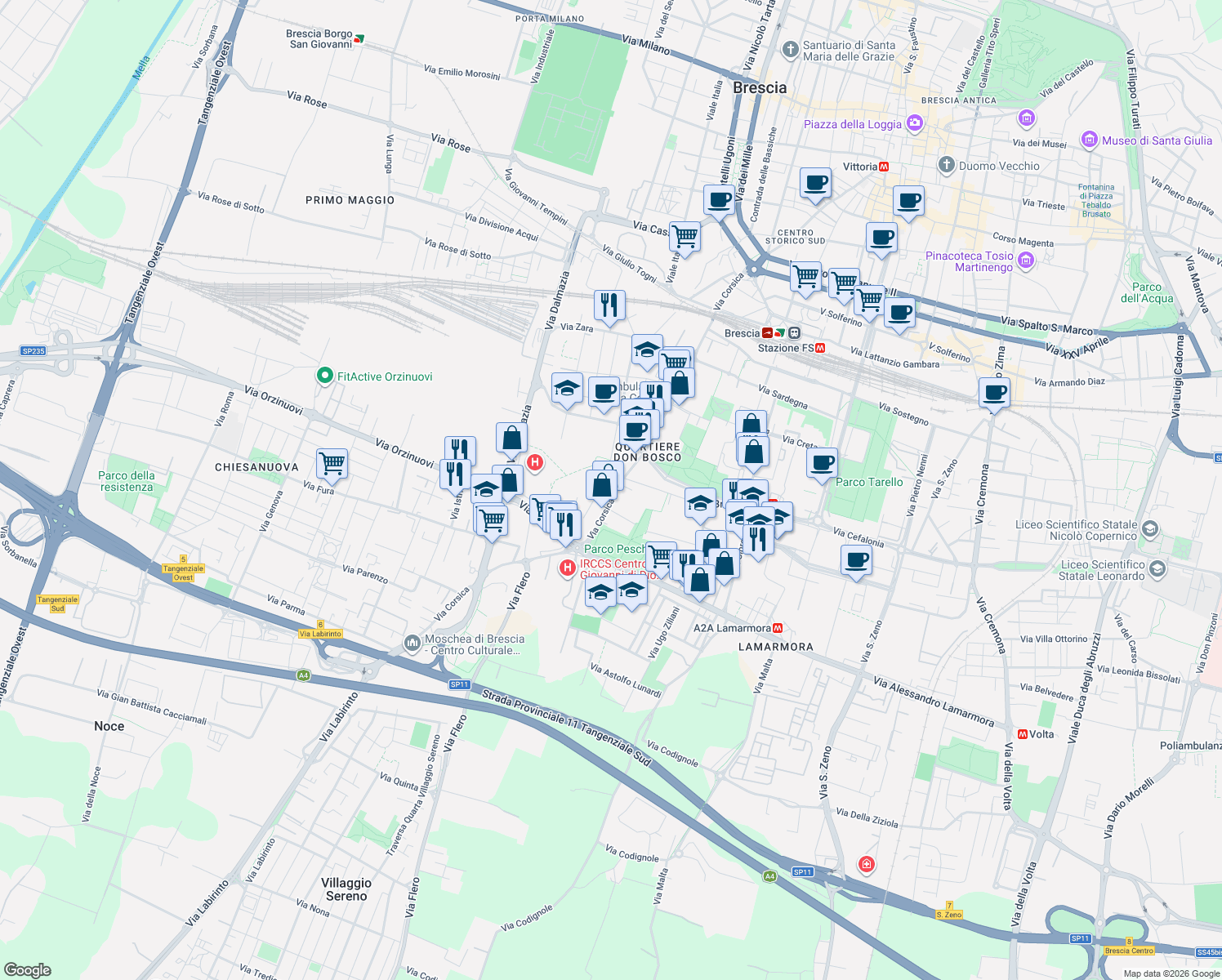 map of restaurants, bars, coffee shops, grocery stores, and more near 301 Via Corsica in Brescia