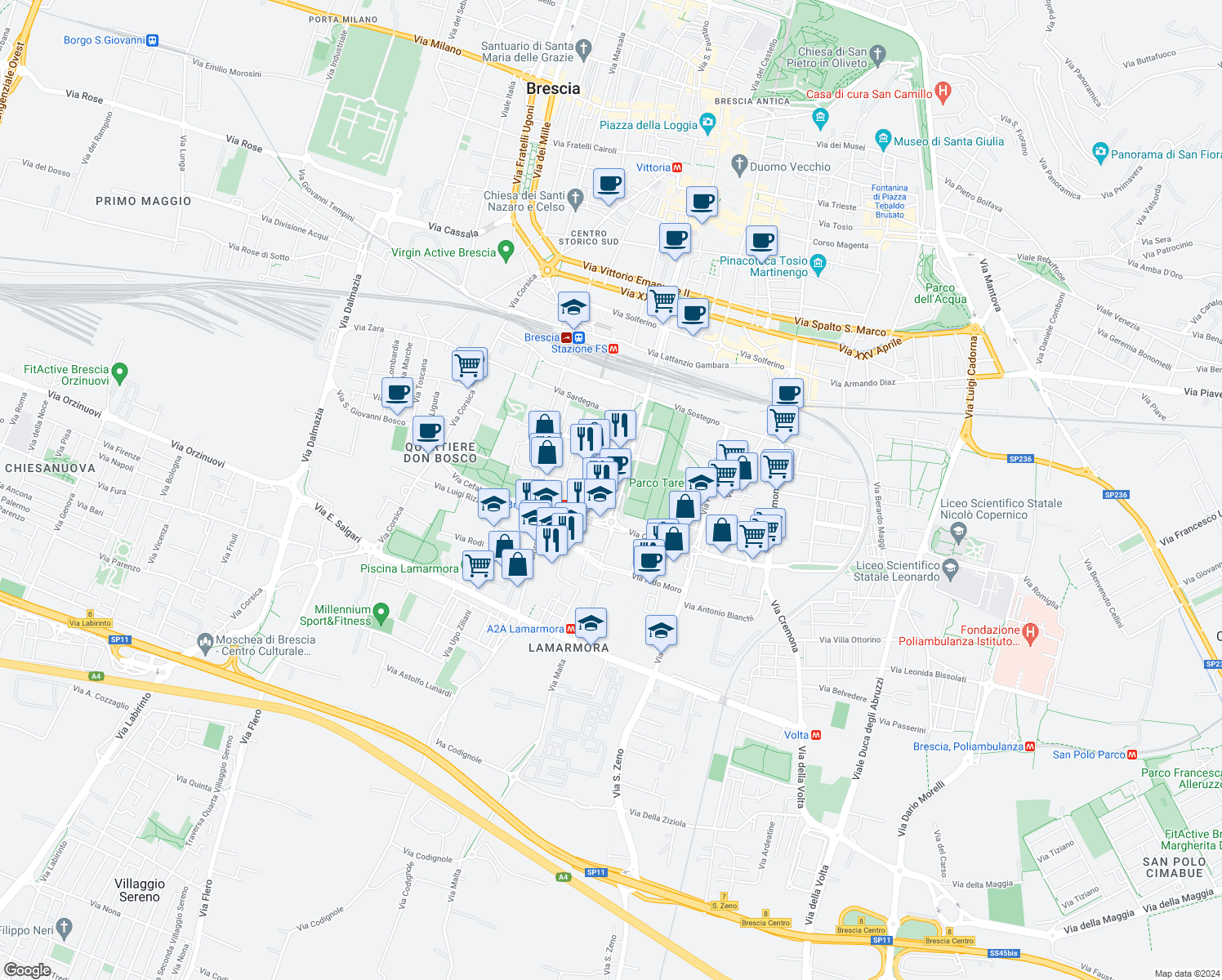 map of restaurants, bars, coffee shops, grocery stores, and more near 12 Via Malta in Brescia