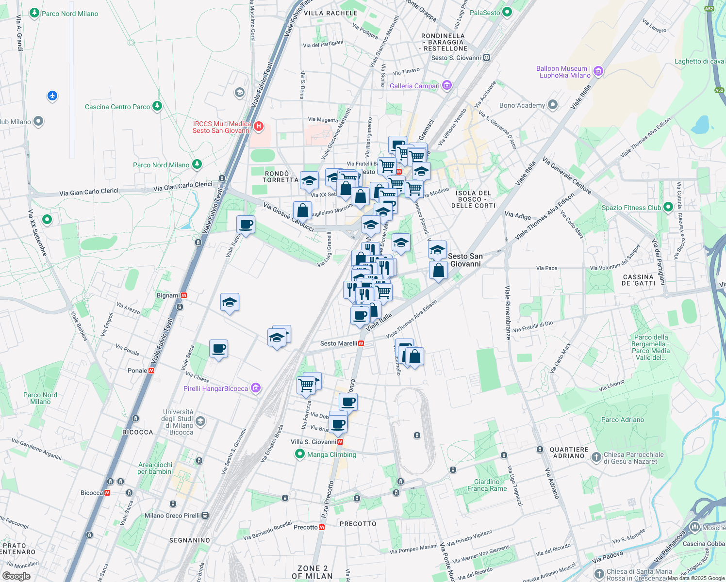 map of restaurants, bars, coffee shops, grocery stores, and more near 22 Via Gorizia in Sesto San Giovanni
