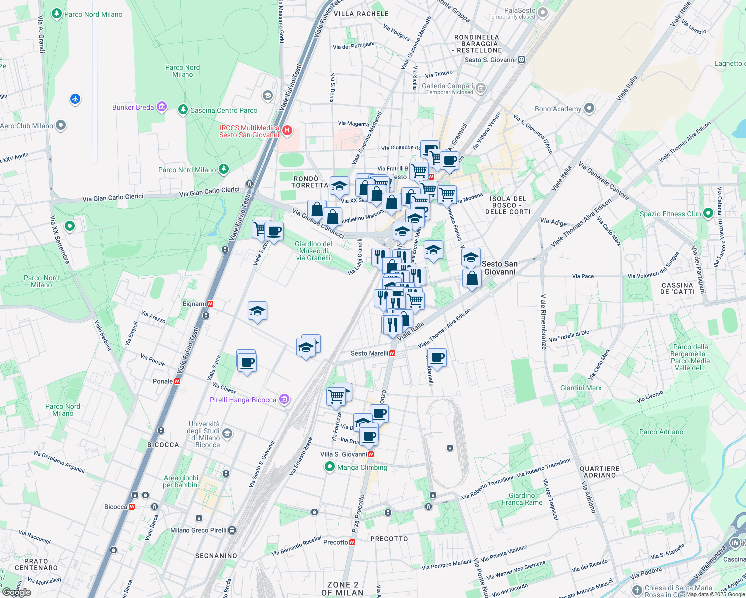 map of restaurants, bars, coffee shops, grocery stores, and more near 71 Via Monte Sabotino in Sesto San Giovanni