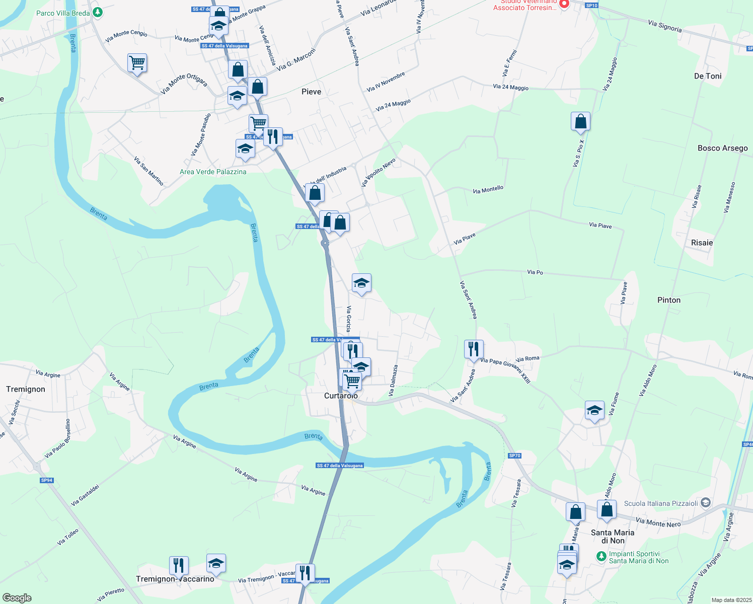 map of restaurants, bars, coffee shops, grocery stores, and more near 2 Via Alessandro Volta in Curtarolo