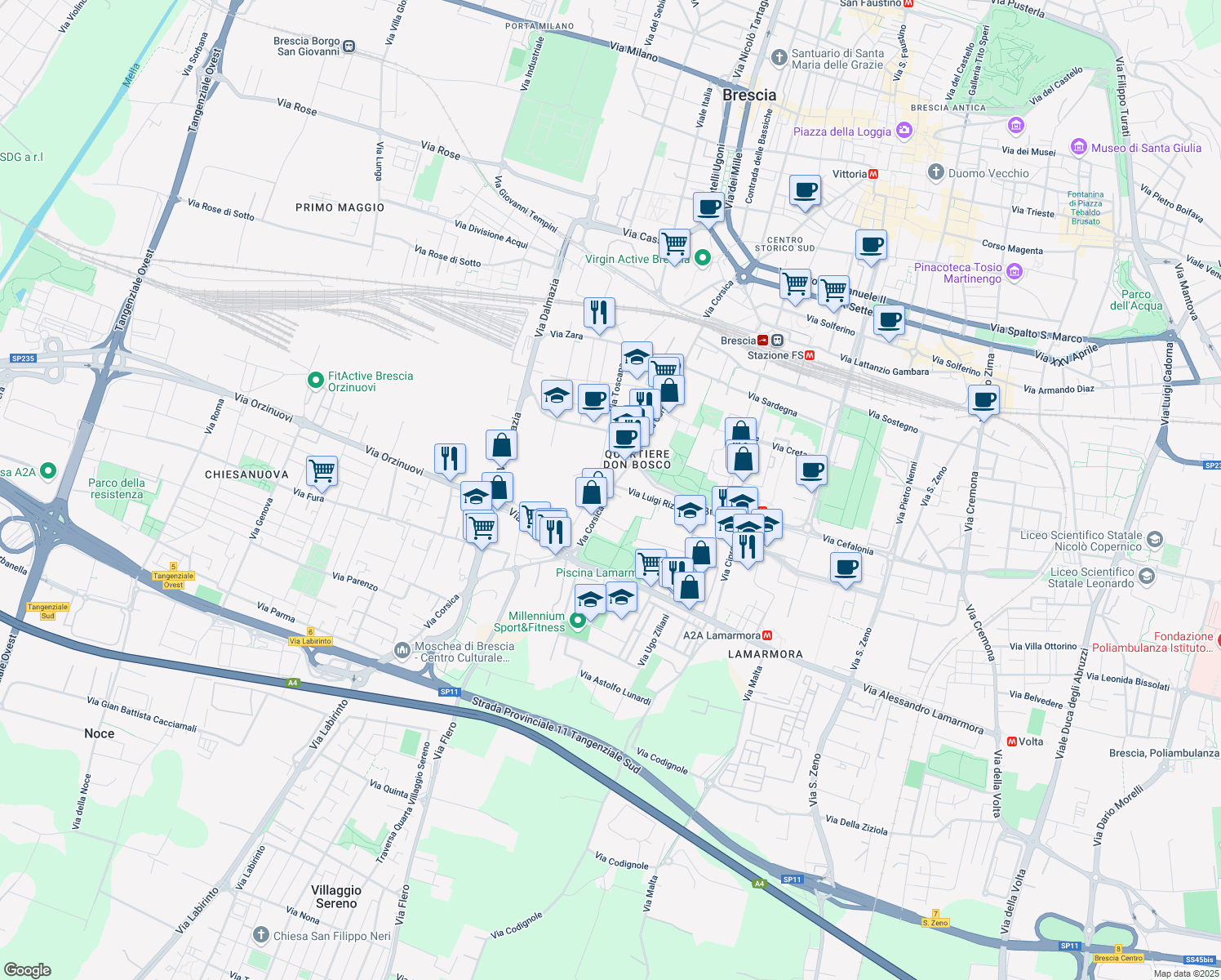 map of restaurants, bars, coffee shops, grocery stores, and more near 301 Via Corsica in Brescia