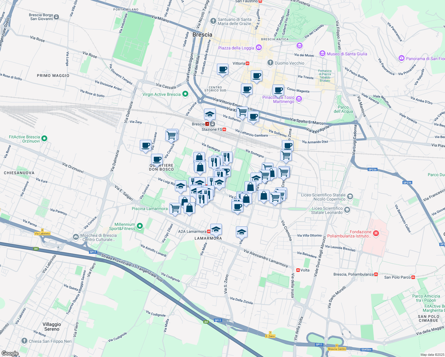 map of restaurants, bars, coffee shops, grocery stores, and more near 12 Via Malta in Brescia