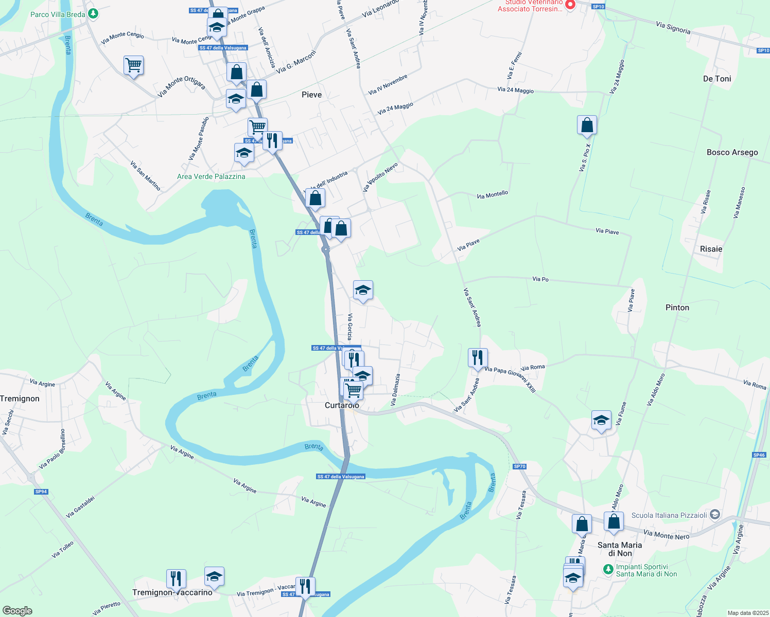 map of restaurants, bars, coffee shops, grocery stores, and more near 2 Via Alessandro Volta in Curtarolo
