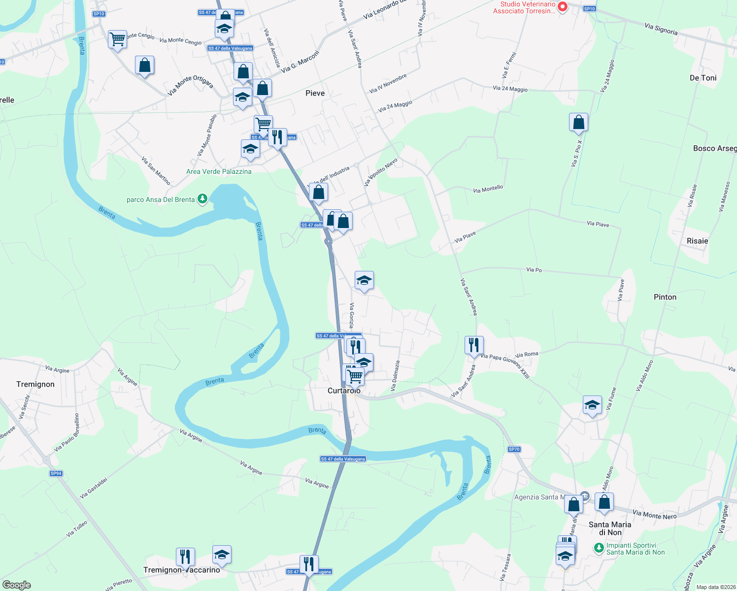 map of restaurants, bars, coffee shops, grocery stores, and more near 3 Via G. dei Menabuoi in Curtarolo