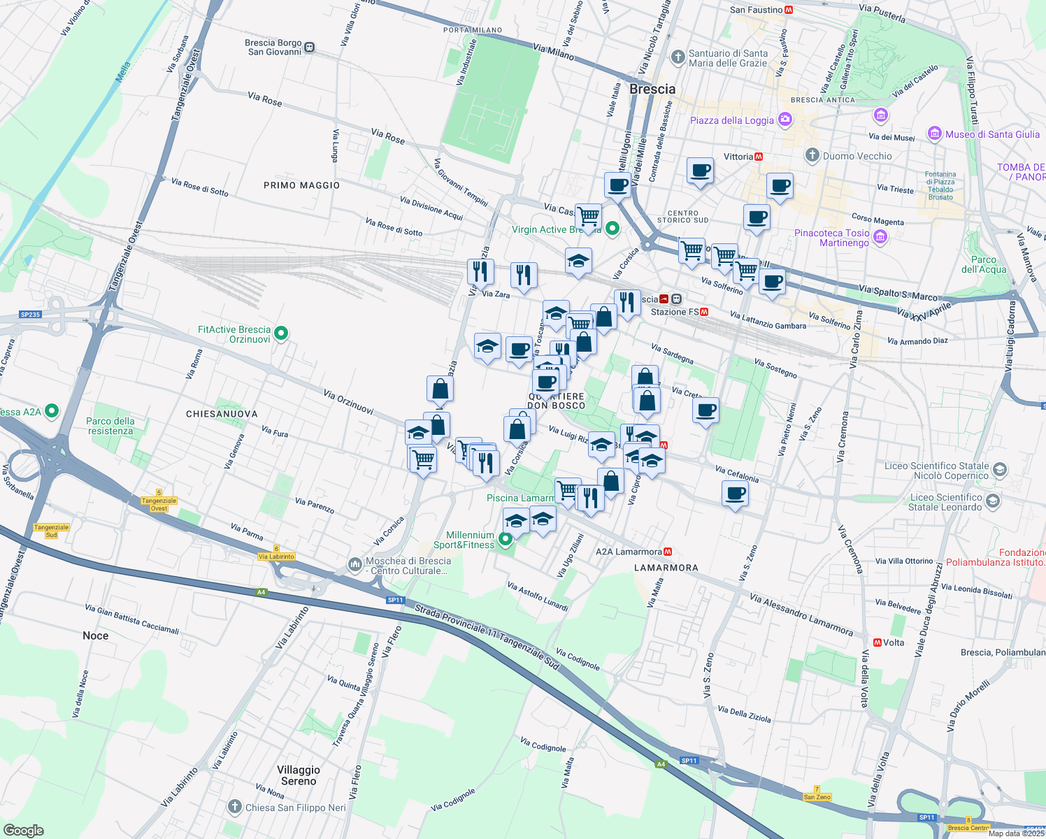 map of restaurants, bars, coffee shops, grocery stores, and more near 134 Via Corsica in Brescia