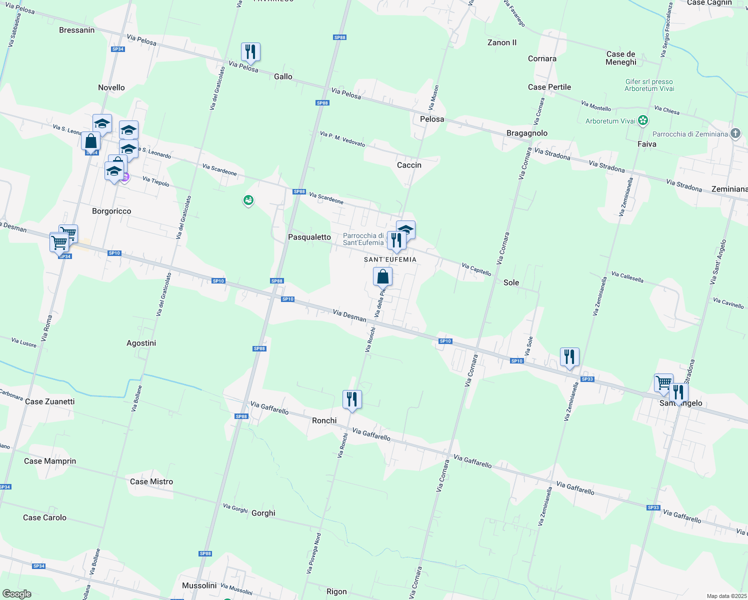 map of restaurants, bars, coffee shops, grocery stores, and more near 9 Via della Pieve in Borgoricco