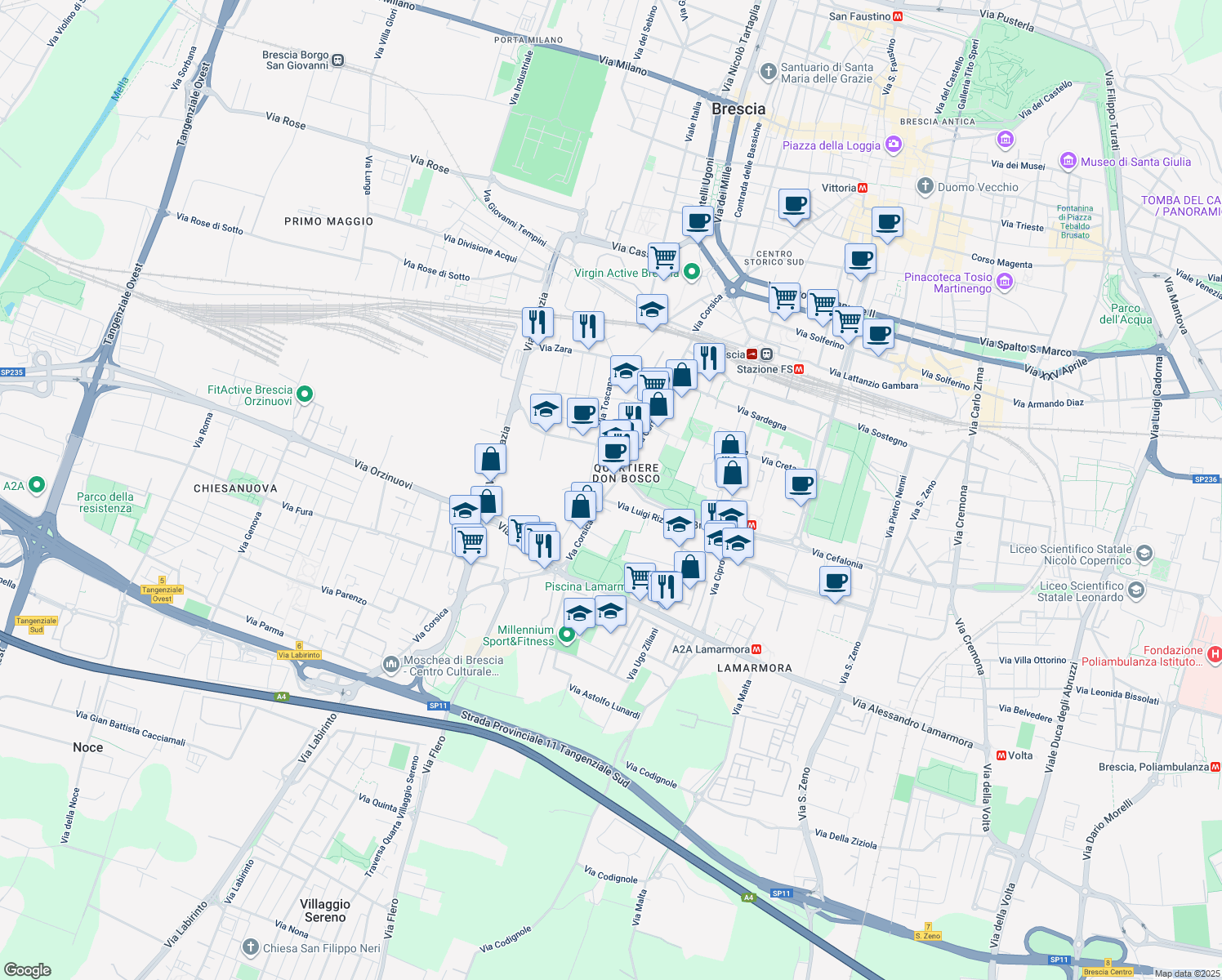 map of restaurants, bars, coffee shops, grocery stores, and more near 134 Via Corsica in Brescia