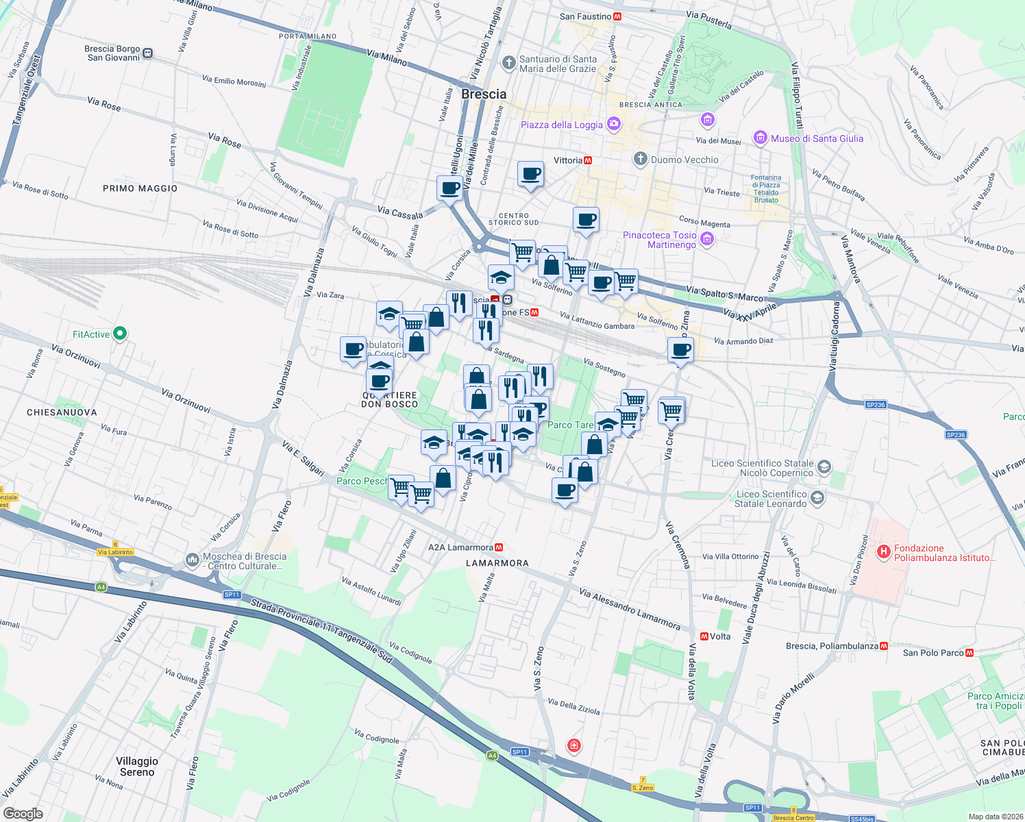 map of restaurants, bars, coffee shops, grocery stores, and more near 74 Via Creta in Brescia