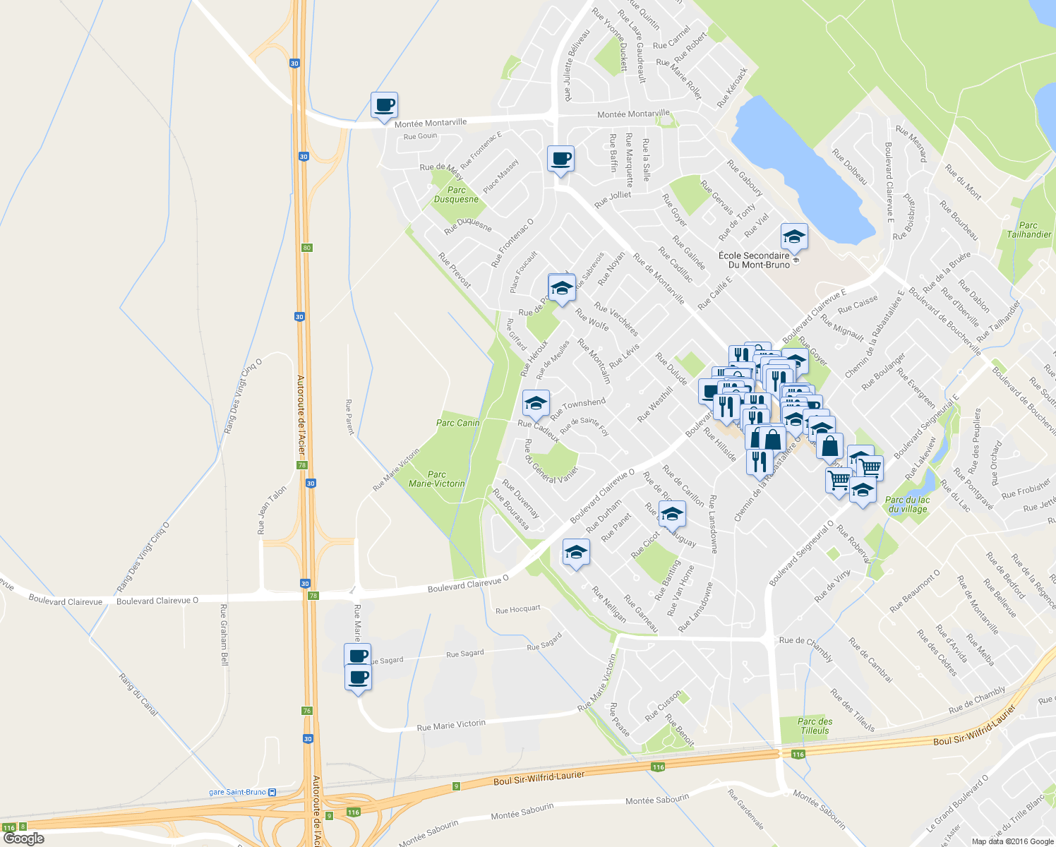 map of restaurants, bars, coffee shops, grocery stores, and more near 1110 Rue Cadieux in Saint-Bruno-de-Montarville