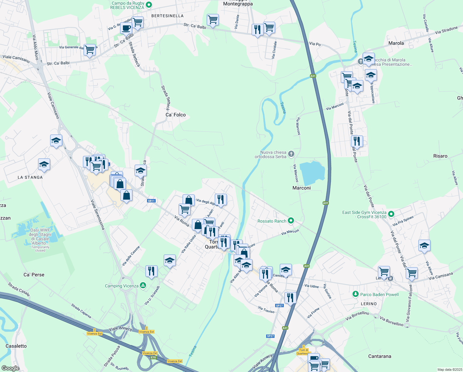 map of restaurants, bars, coffee shops, grocery stores, and more near 56 Via del Commercio in Torri di Quartesolo