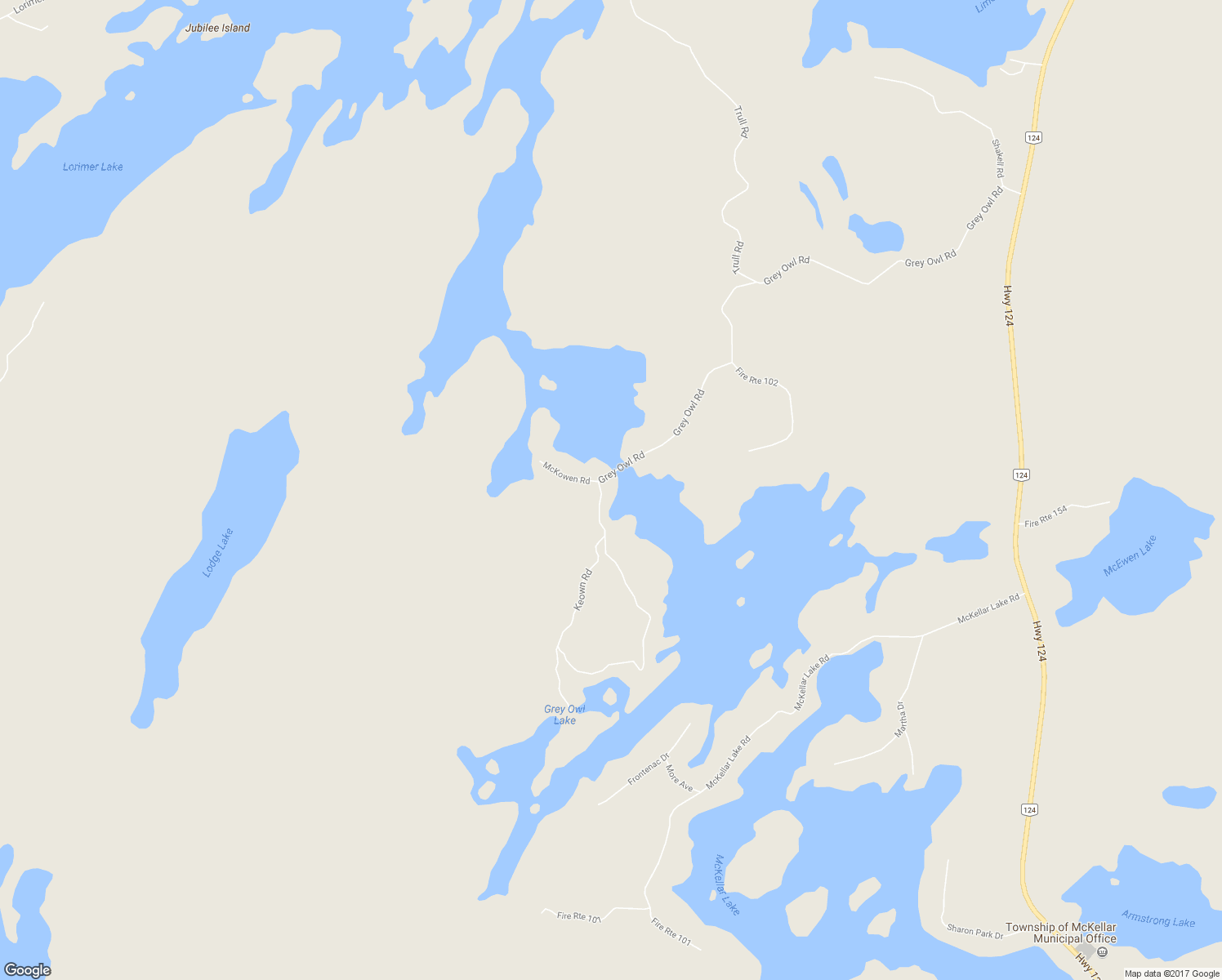 map of restaurants, bars, coffee shops, grocery stores, and more near 132 Grey Owl Road in McKellar