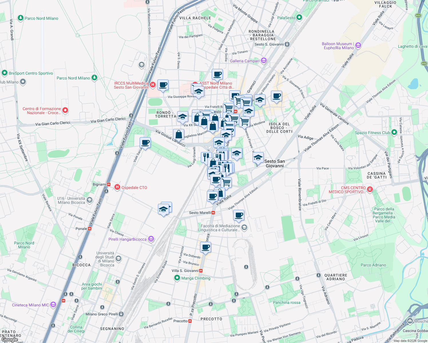 map of restaurants, bars, coffee shops, grocery stores, and more near 37 Via Renzo del Riccio in Sesto San Giovanni