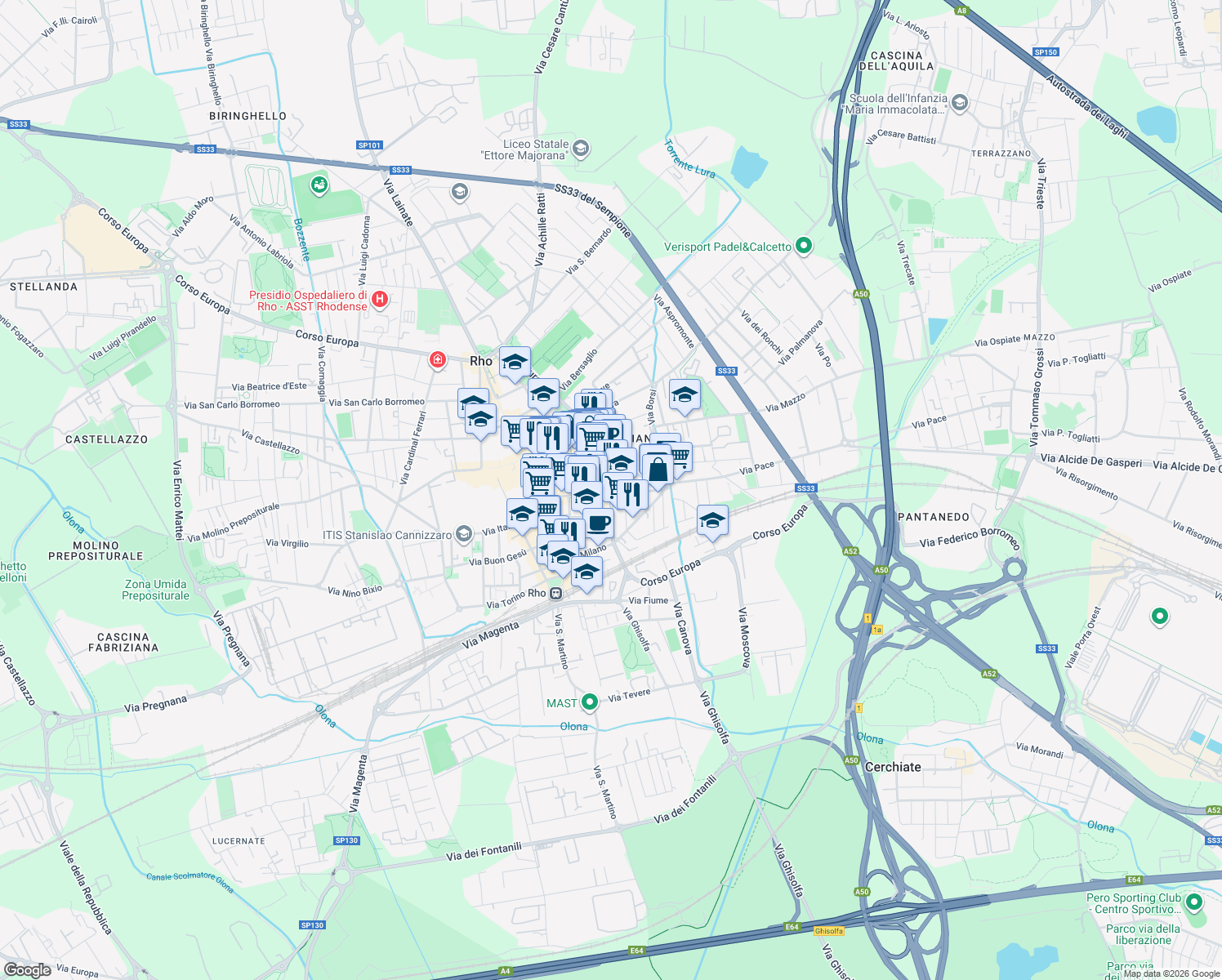 map of restaurants, bars, coffee shops, grocery stores, and more near 122 Corso Europa in Rho