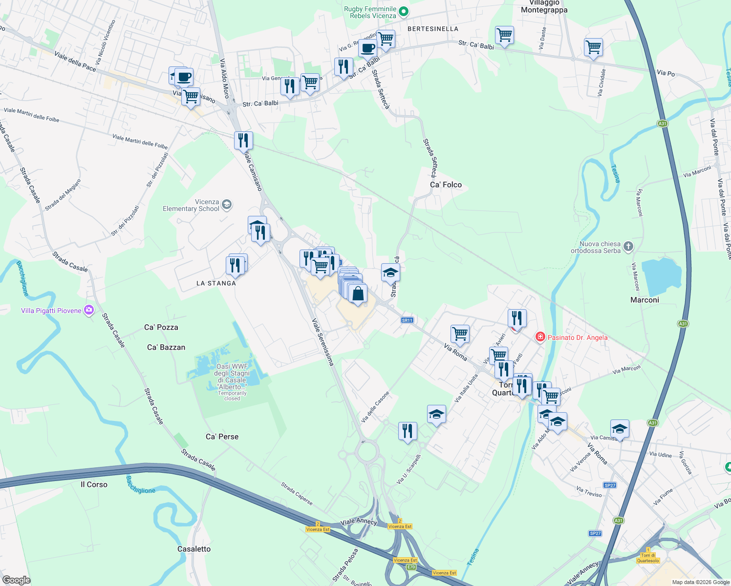 map of restaurants, bars, coffee shops, grocery stores, and more near 185 SS11 in Vicenza