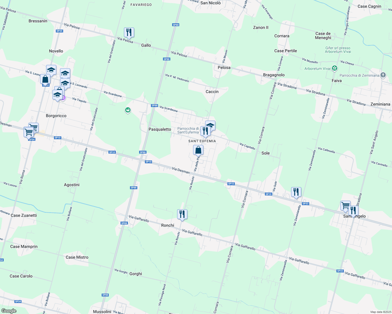 map of restaurants, bars, coffee shops, grocery stores, and more near 9 Via della Pieve in Borgoricco
