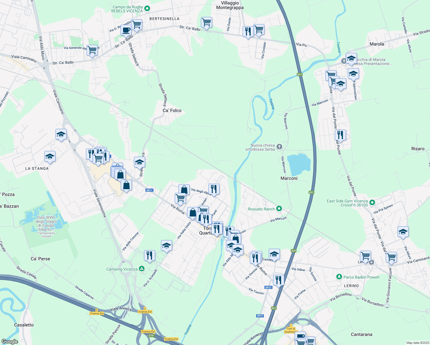 map of restaurants, bars, coffee shops, grocery stores, and more near 56 Via del Commercio in Torri di Quartesolo
