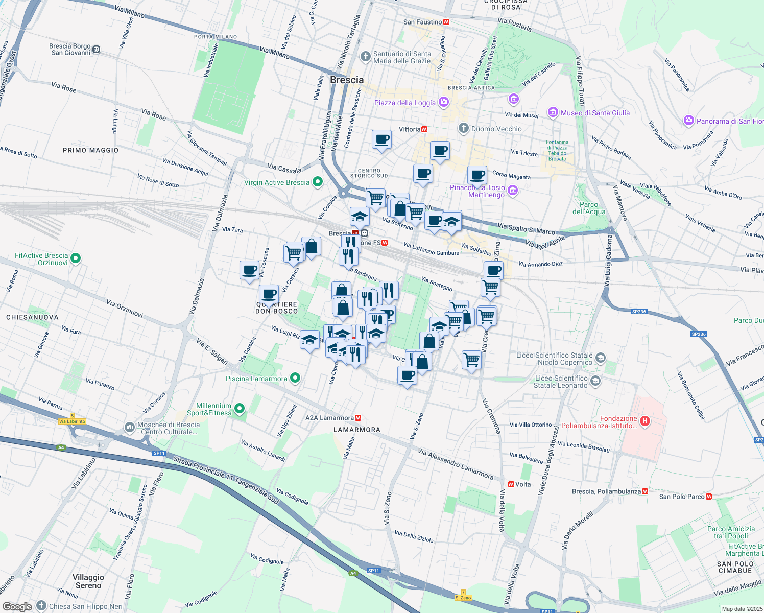 map of restaurants, bars, coffee shops, grocery stores, and more near 76 Via Creta in Brescia