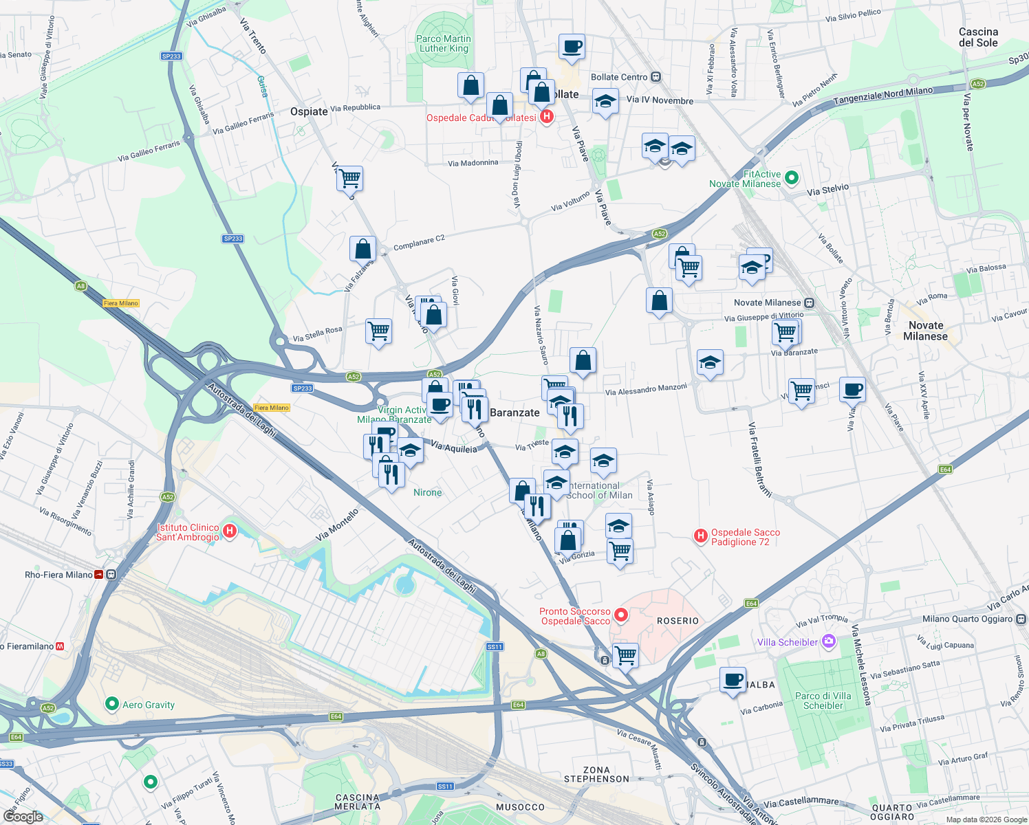 map of restaurants, bars, coffee shops, grocery stores, and more near in Baranzate