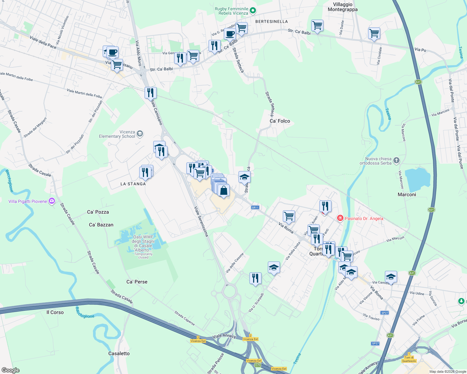 map of restaurants, bars, coffee shops, grocery stores, and more near 185 SS11 in Vicenza