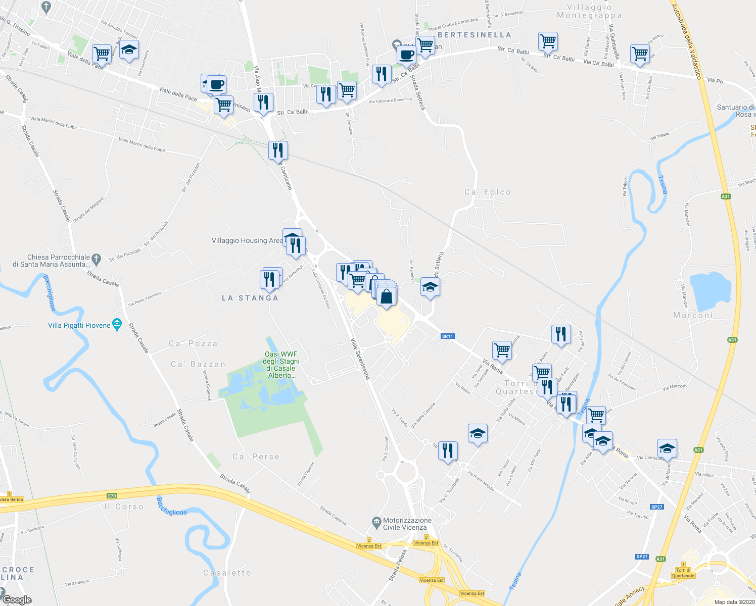 map of restaurants, bars, coffee shops, grocery stores, and more near 60 Strada Padana verso Padova in Vicenza