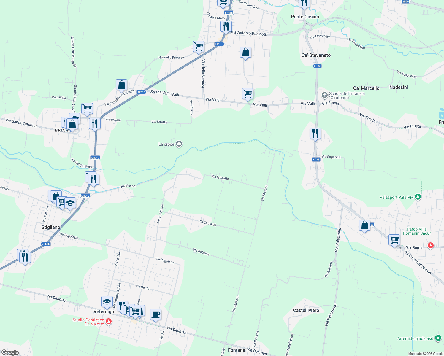 map of restaurants, bars, coffee shops, grocery stores, and more near 33A Via Cainazzi in Città Metropolitana di Venezia