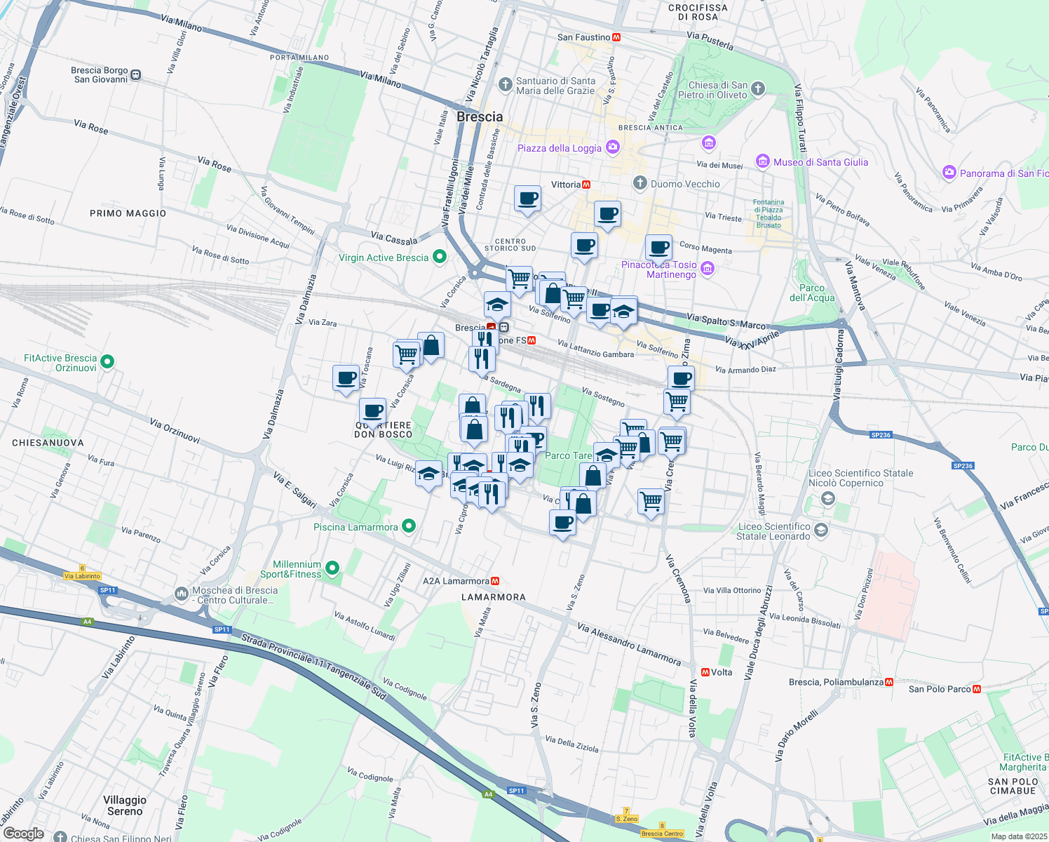 map of restaurants, bars, coffee shops, grocery stores, and more near 76 Via Creta in Brescia