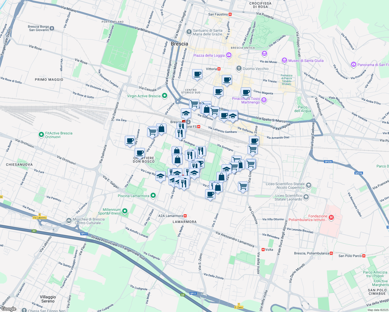 map of restaurants, bars, coffee shops, grocery stores, and more near 76 Via Creta in Brescia