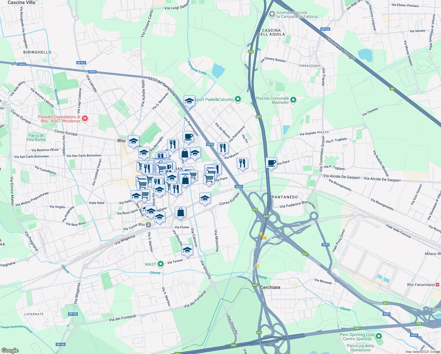 map of restaurants, bars, coffee shops, grocery stores, and more near 2 Via Ruggero Leoncavallo in Rho