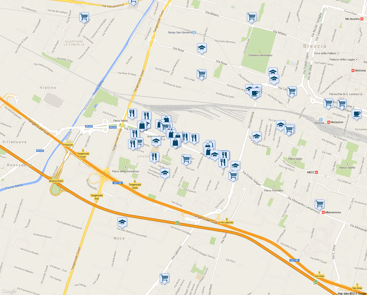 map of restaurants, bars, coffee shops, grocery stores, and more near 93 Via Orzinuovi in Brescia