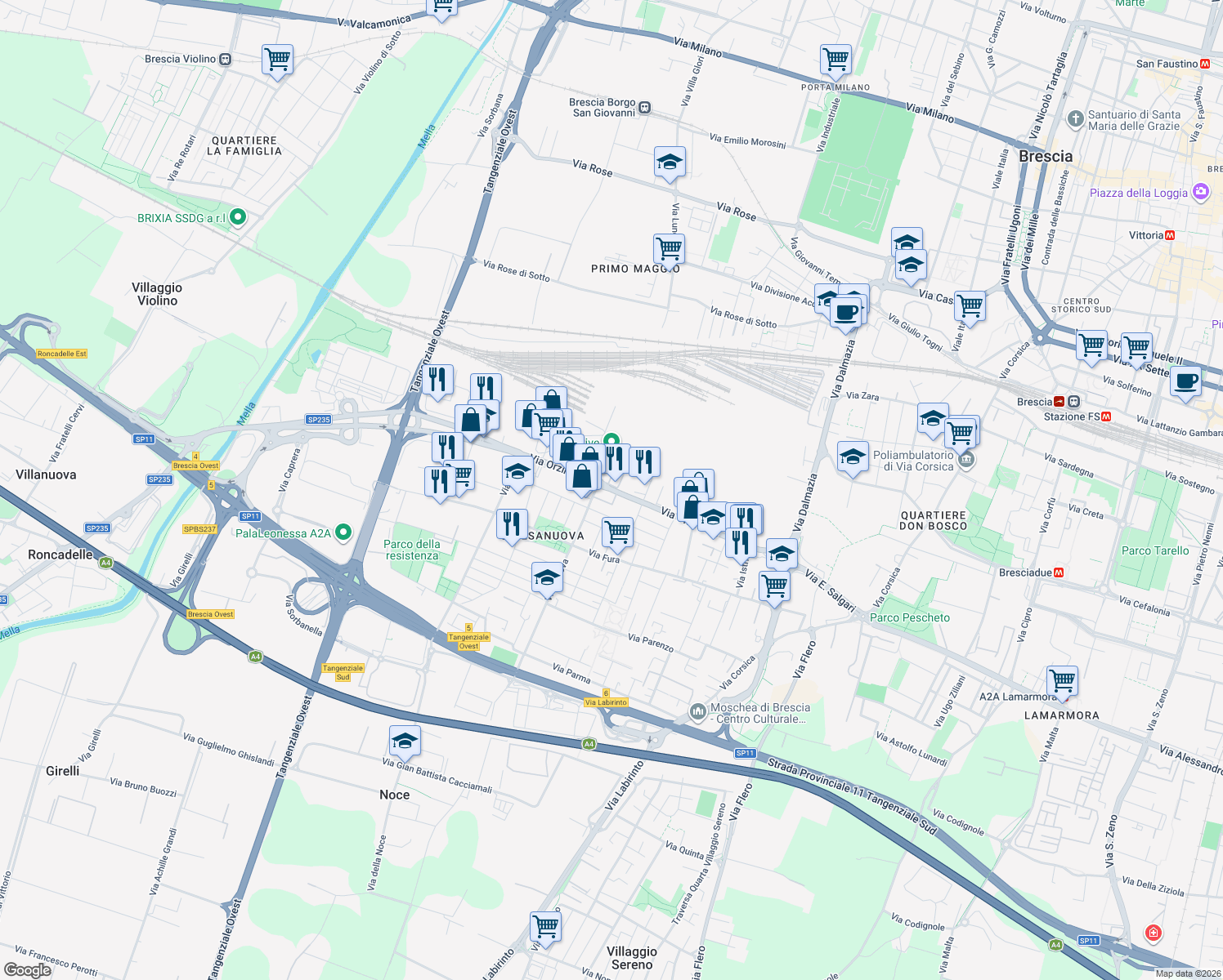 map of restaurants, bars, coffee shops, grocery stores, and more near 93 Via Orzinuovi in Brescia