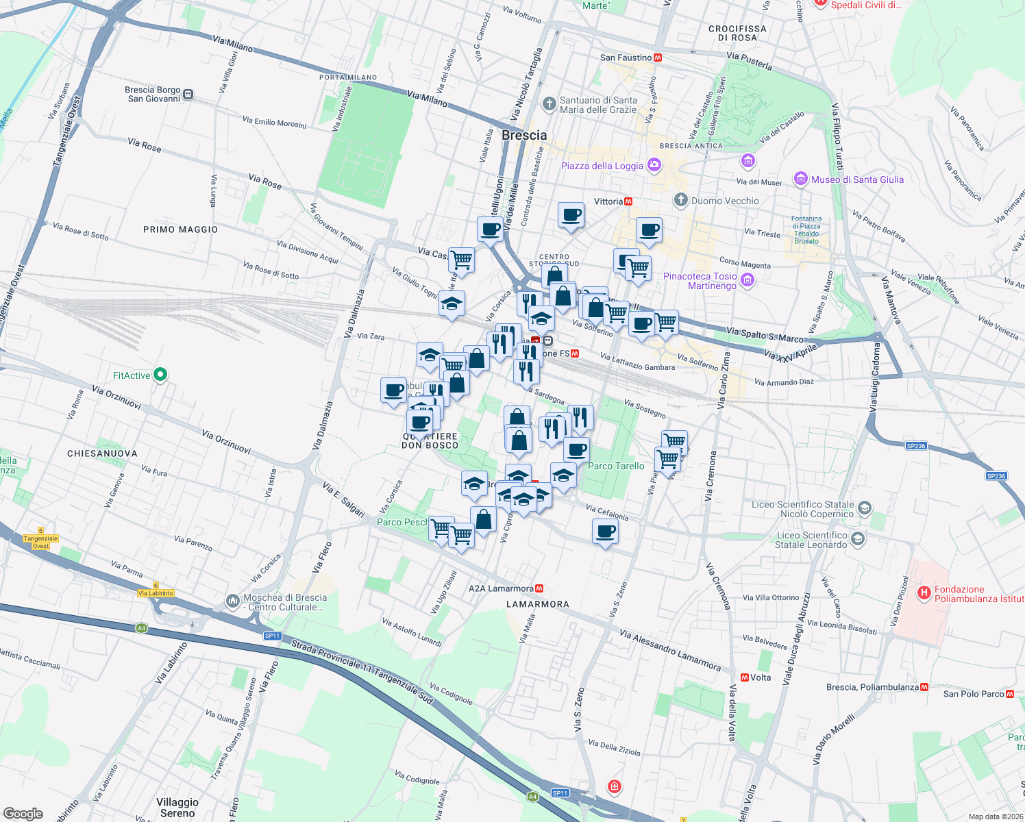 map of restaurants, bars, coffee shops, grocery stores, and more near 24 Via Privata de Vitalis in Brescia