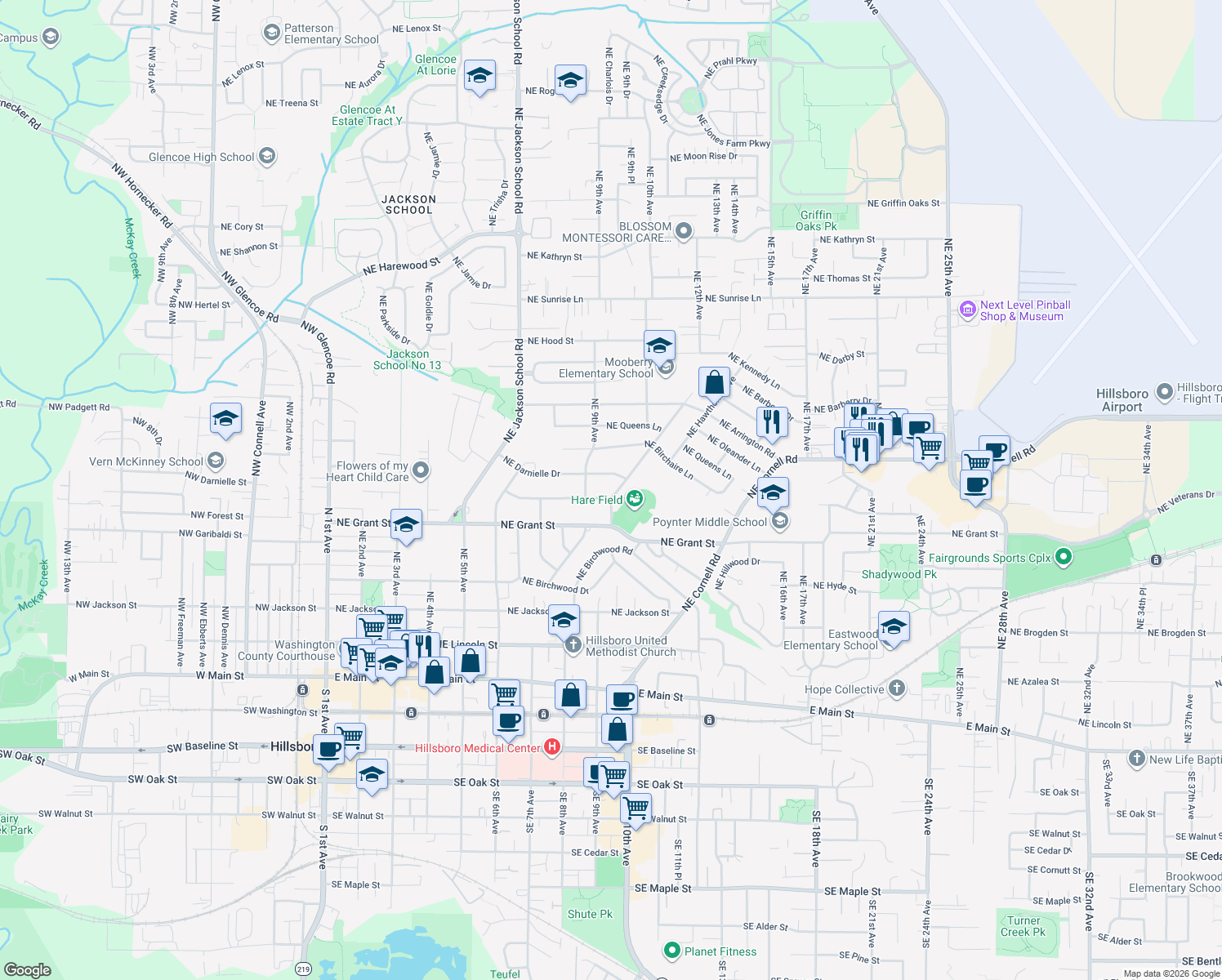 map of restaurants, bars, coffee shops, grocery stores, and more near 735 Northeast Delsey Road in Hillsboro