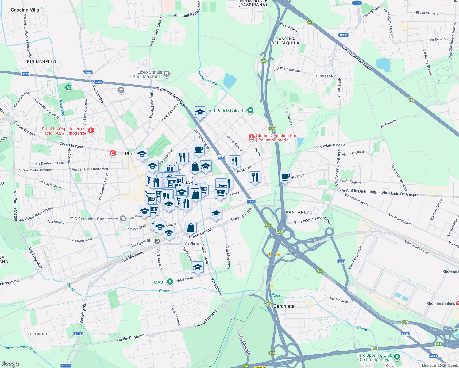 map of restaurants, bars, coffee shops, grocery stores, and more near 2 Via Ruggero Leoncavallo in Rho