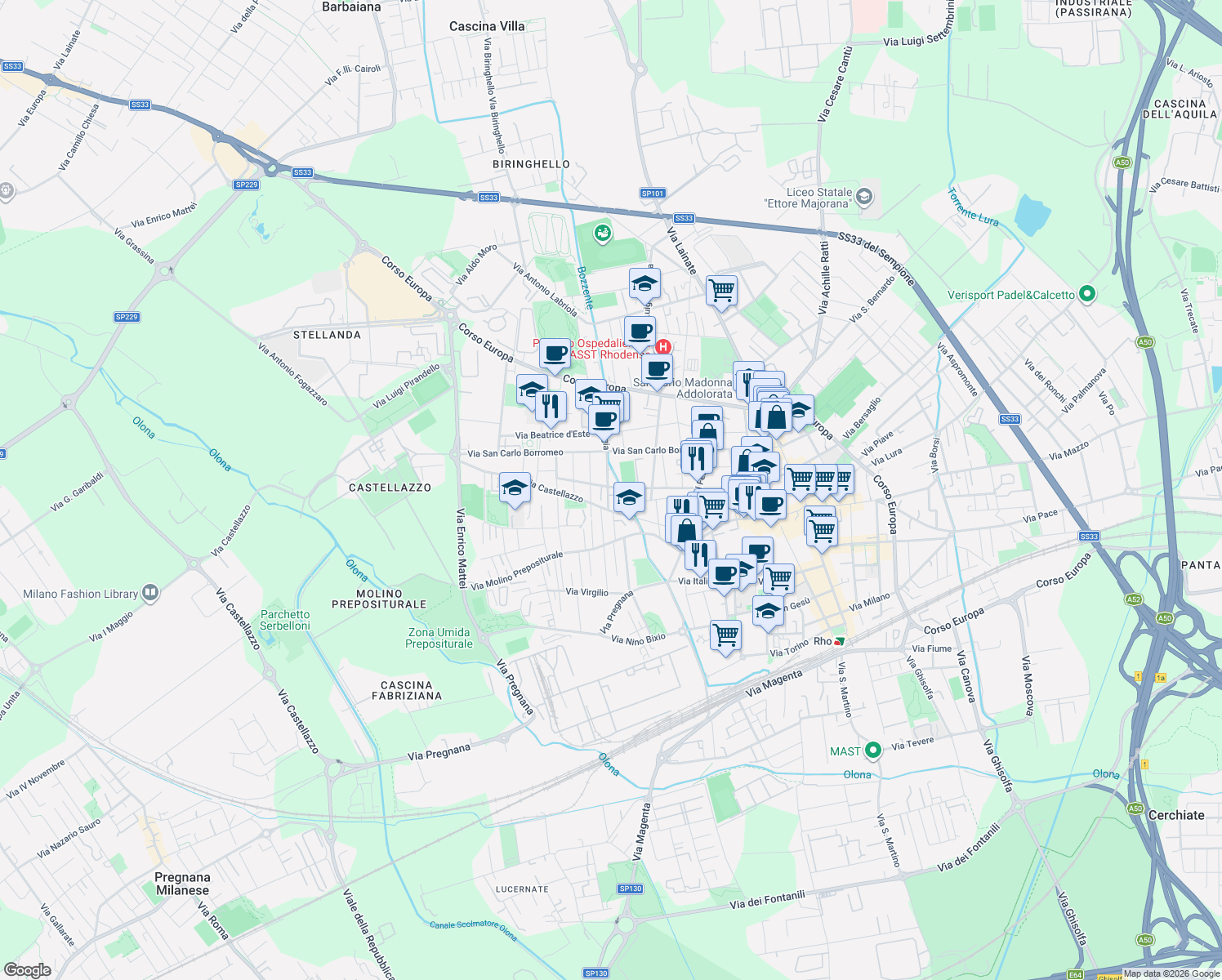 map of restaurants, bars, coffee shops, grocery stores, and more near 14 Via Cornaggia in Rho