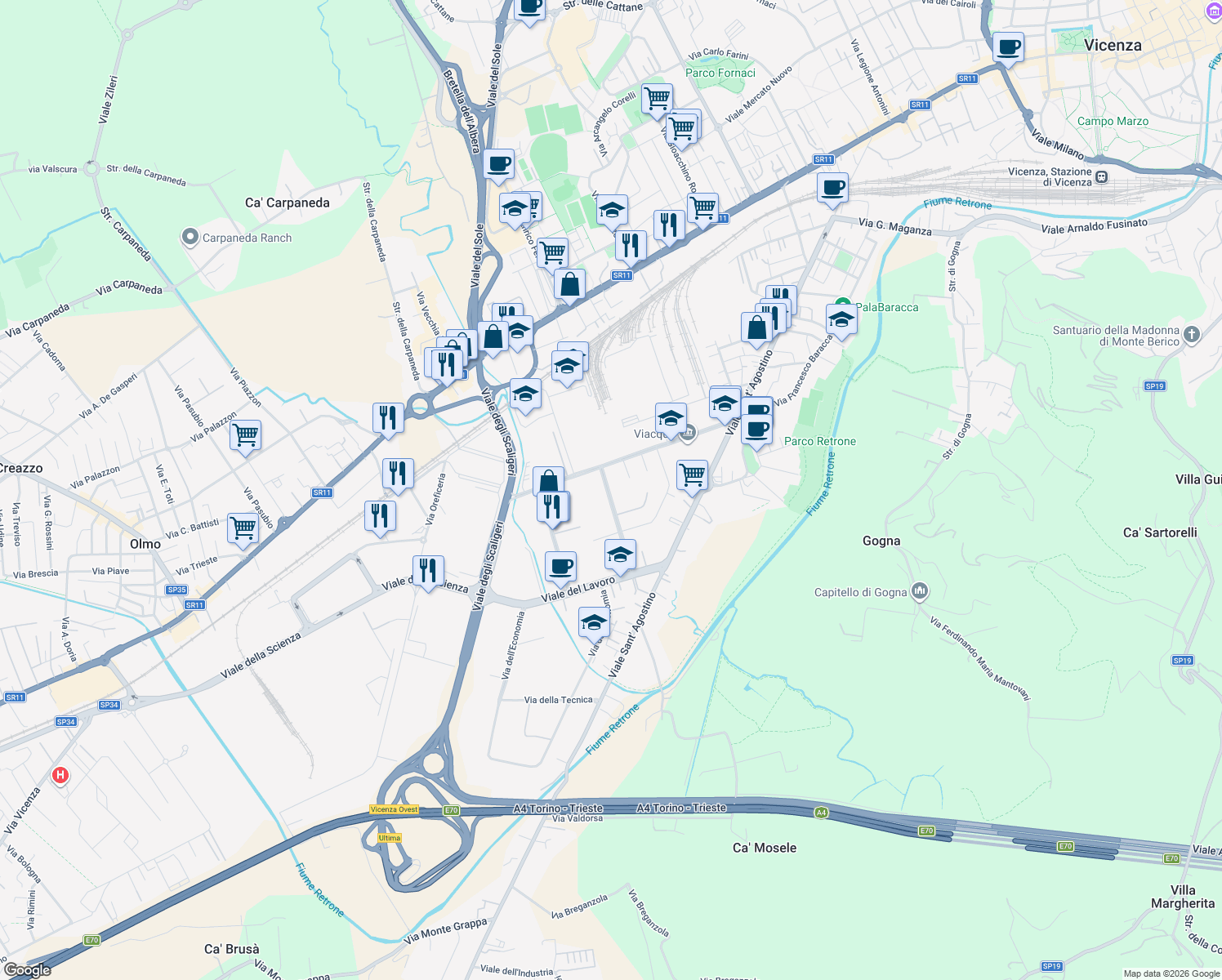 map of restaurants, bars, coffee shops, grocery stores, and more near 11 Via del Progresso in Vicenza