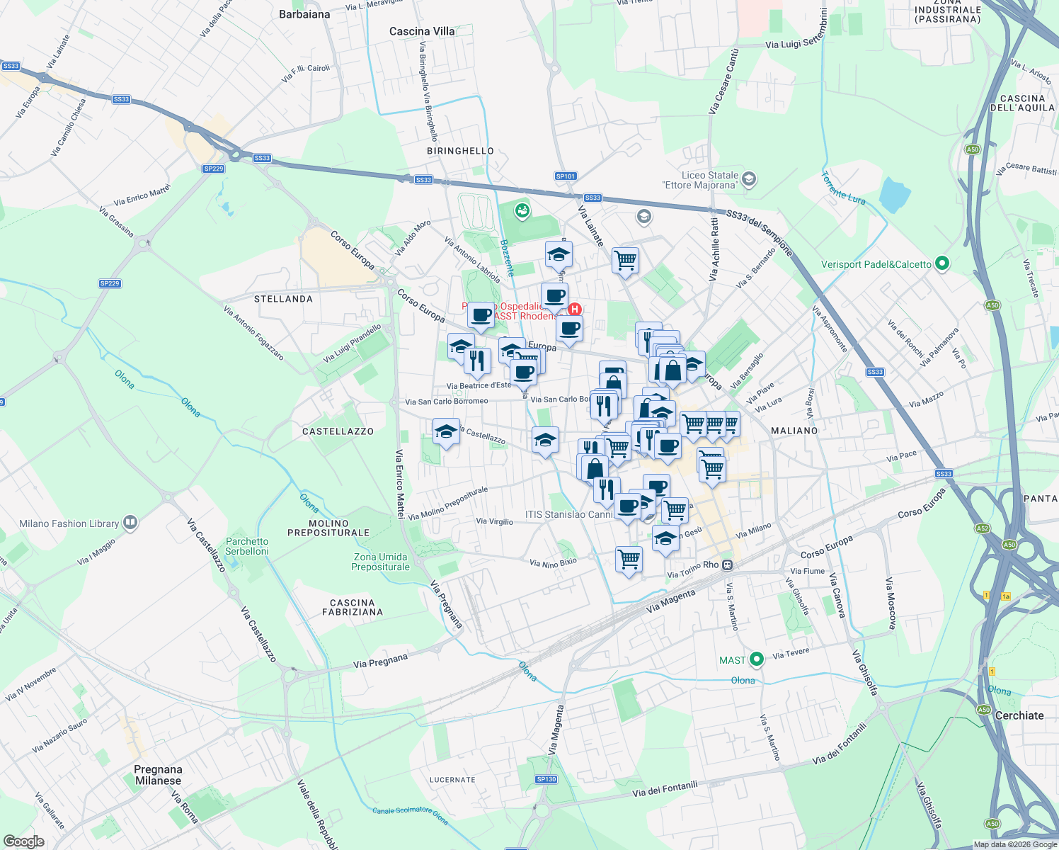 map of restaurants, bars, coffee shops, grocery stores, and more near 14 Via Cornaggia in Rho