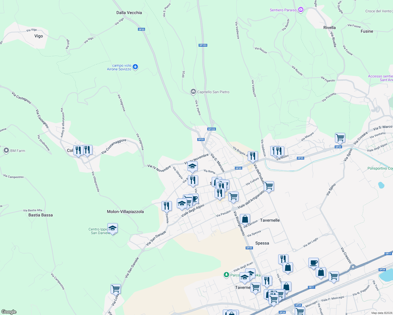 map of restaurants, bars, coffee shops, grocery stores, and more near 11 Via Martiri Libertà in Sovizzo