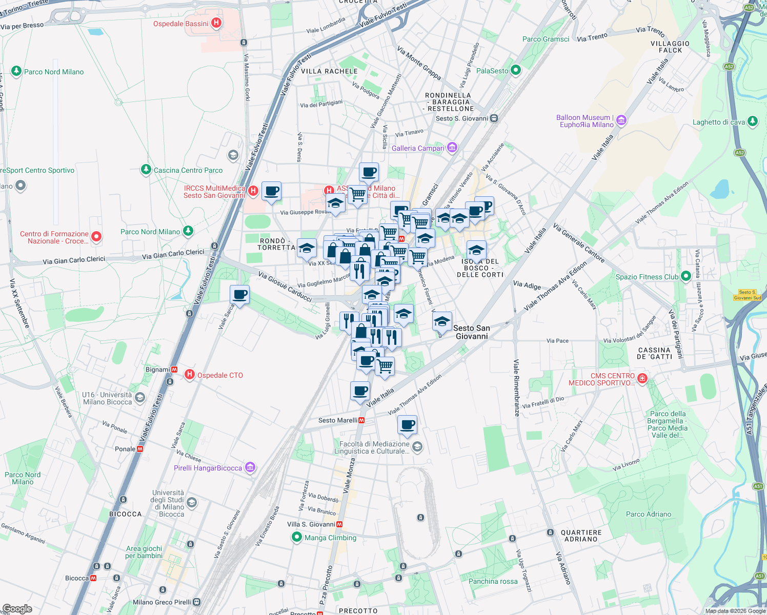 map of restaurants, bars, coffee shops, grocery stores, and more near 172 Viale Ercole Marelli in Sesto San Giovanni