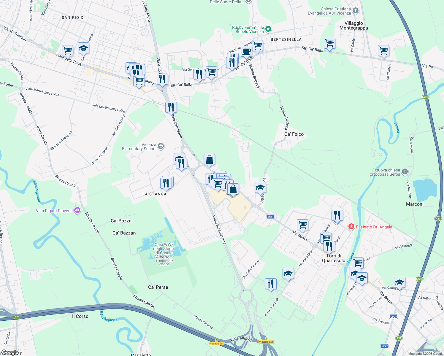 map of restaurants, bars, coffee shops, grocery stores, and more near 60 Strada Padana verso Padova in Vicenza