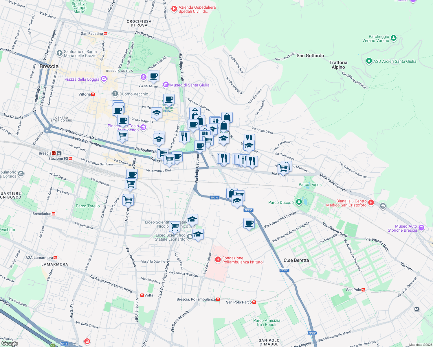 map of restaurants, bars, coffee shops, grocery stores, and more near 26 Viale Duca D'Aosta in Brescia
