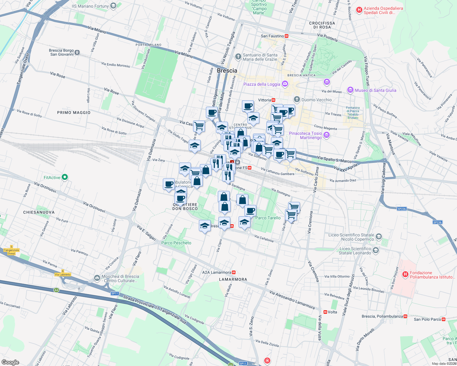 map of restaurants, bars, coffee shops, grocery stores, and more near 2-24 Via Privata de Vitalis in Brescia