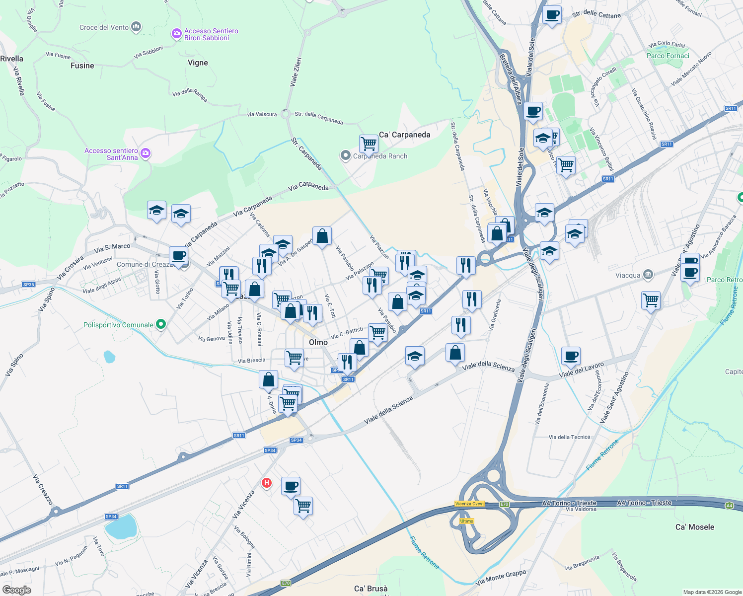 map of restaurants, bars, coffee shops, grocery stores, and more near 10 Via Pasubio in Creazzo