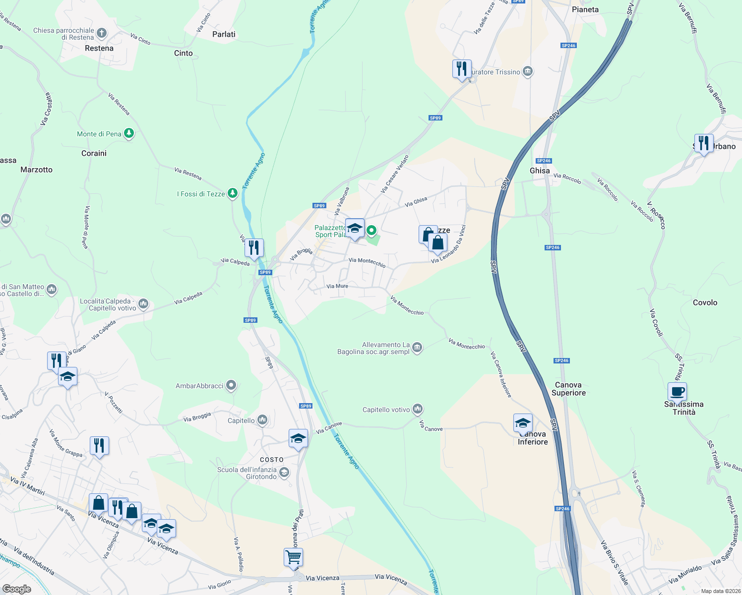 map of restaurants, bars, coffee shops, grocery stores, and more near 33 bis Via Mure in Tezze