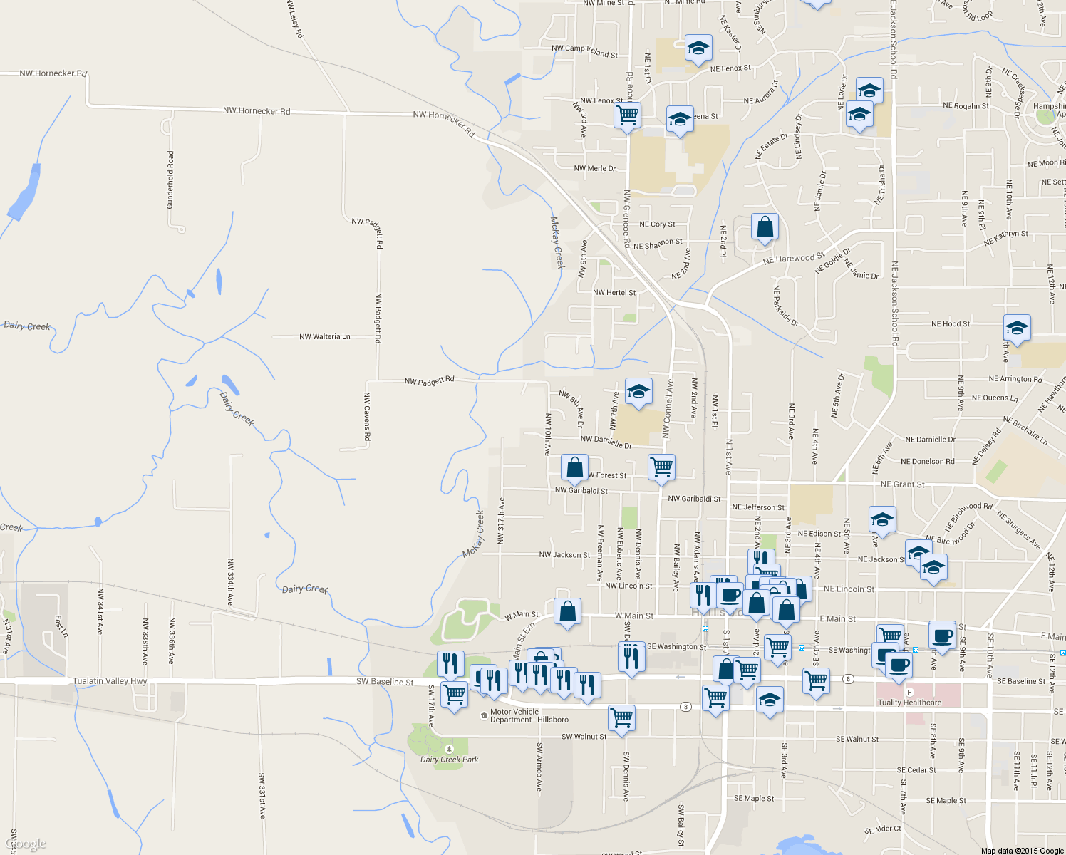 map of restaurants, bars, coffee shops, grocery stores, and more near 1075 Northwest Darnielle Drive in Hillsboro